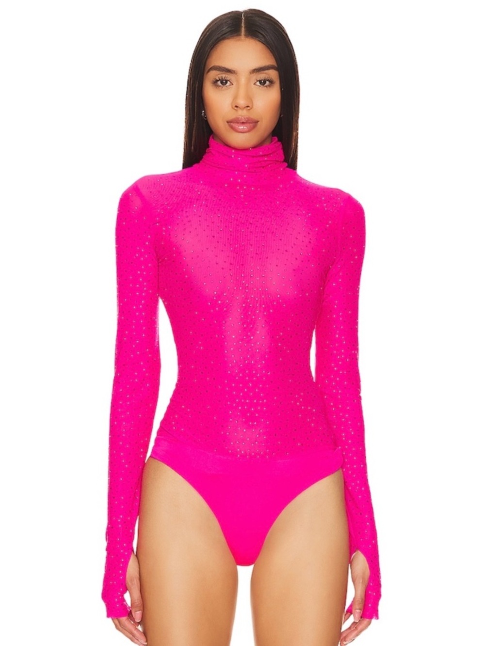 AFRM Rhinestone Bodysuit Hot Pink Sheer Mesh Turtleneck Sexy Clubwear Medium